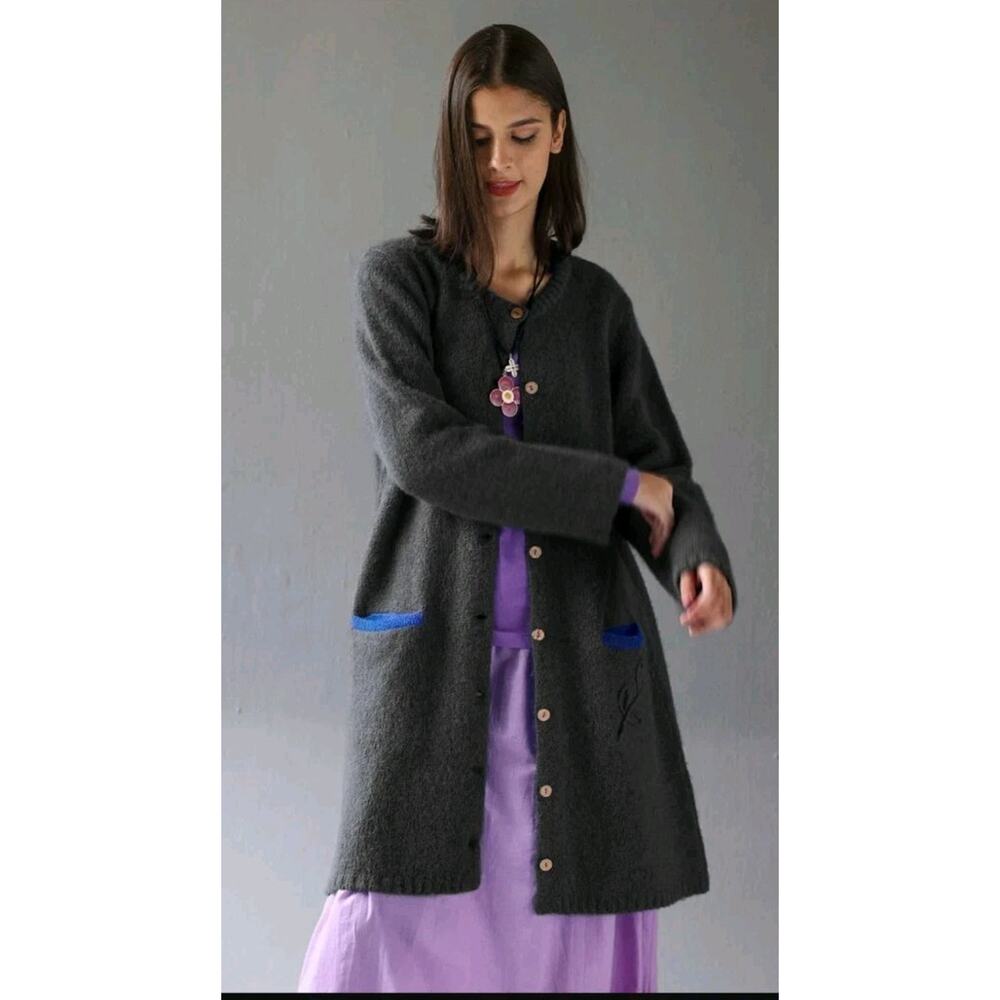 Gudrun Sjödén Tulipe long cardigan alpaca blend Grey Blue Accent Sz Med